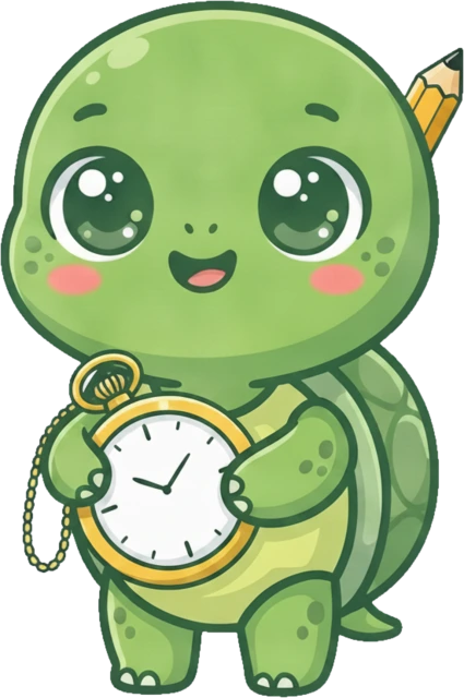 De RekenTijd-schildpad, met een zakhorloge en een potlood achter zijn oor